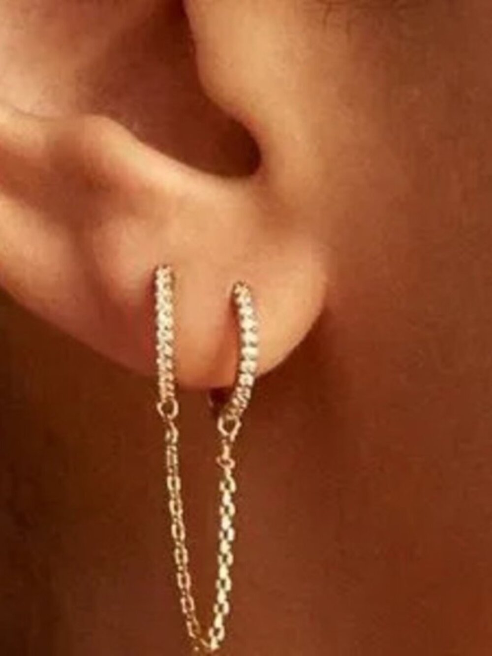 Gold 1pc Double Hoop Chain Earring Dainty Linked Drop Design
